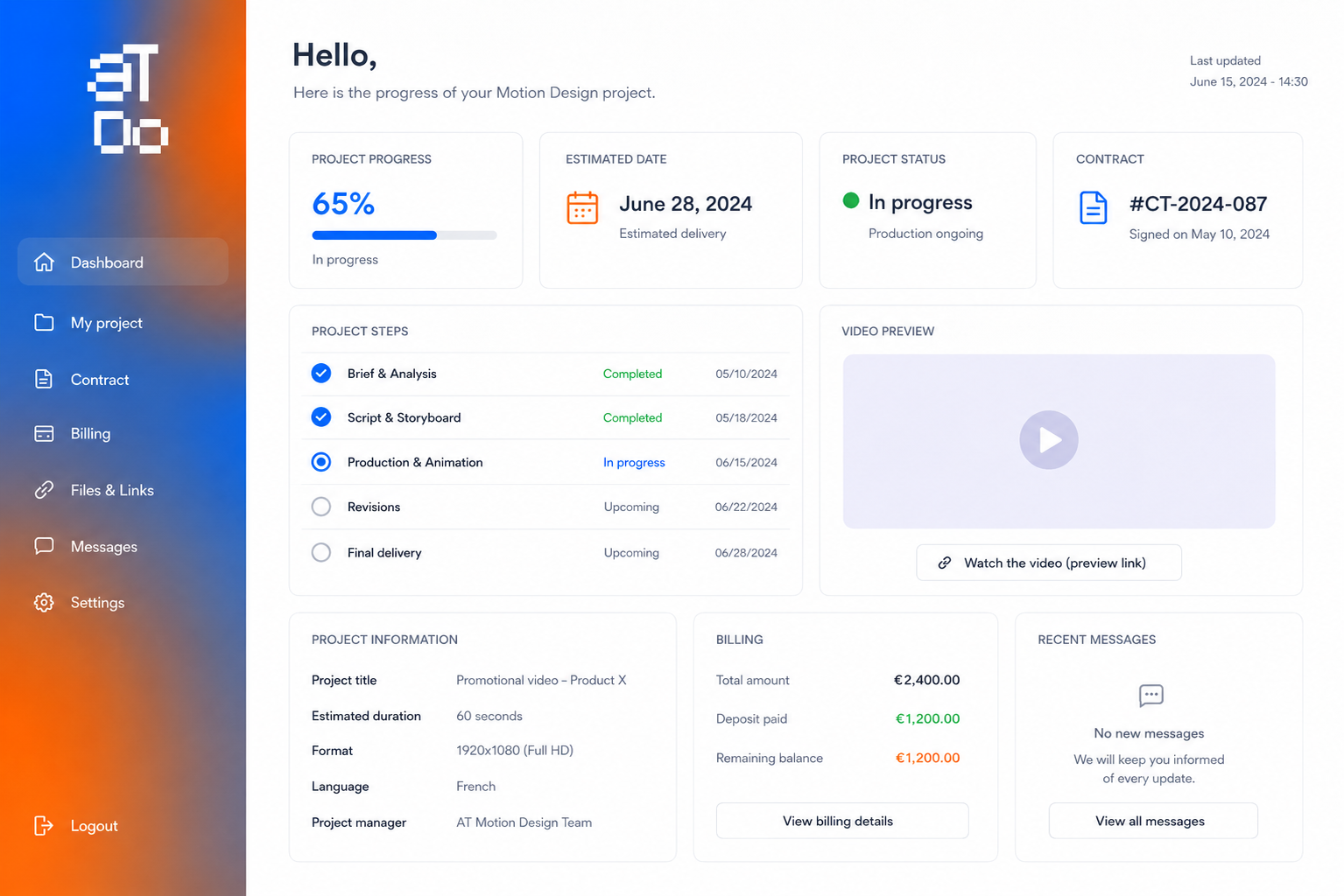 Preview of the At Do Studio client dashboard: project progress, status, billing and messages